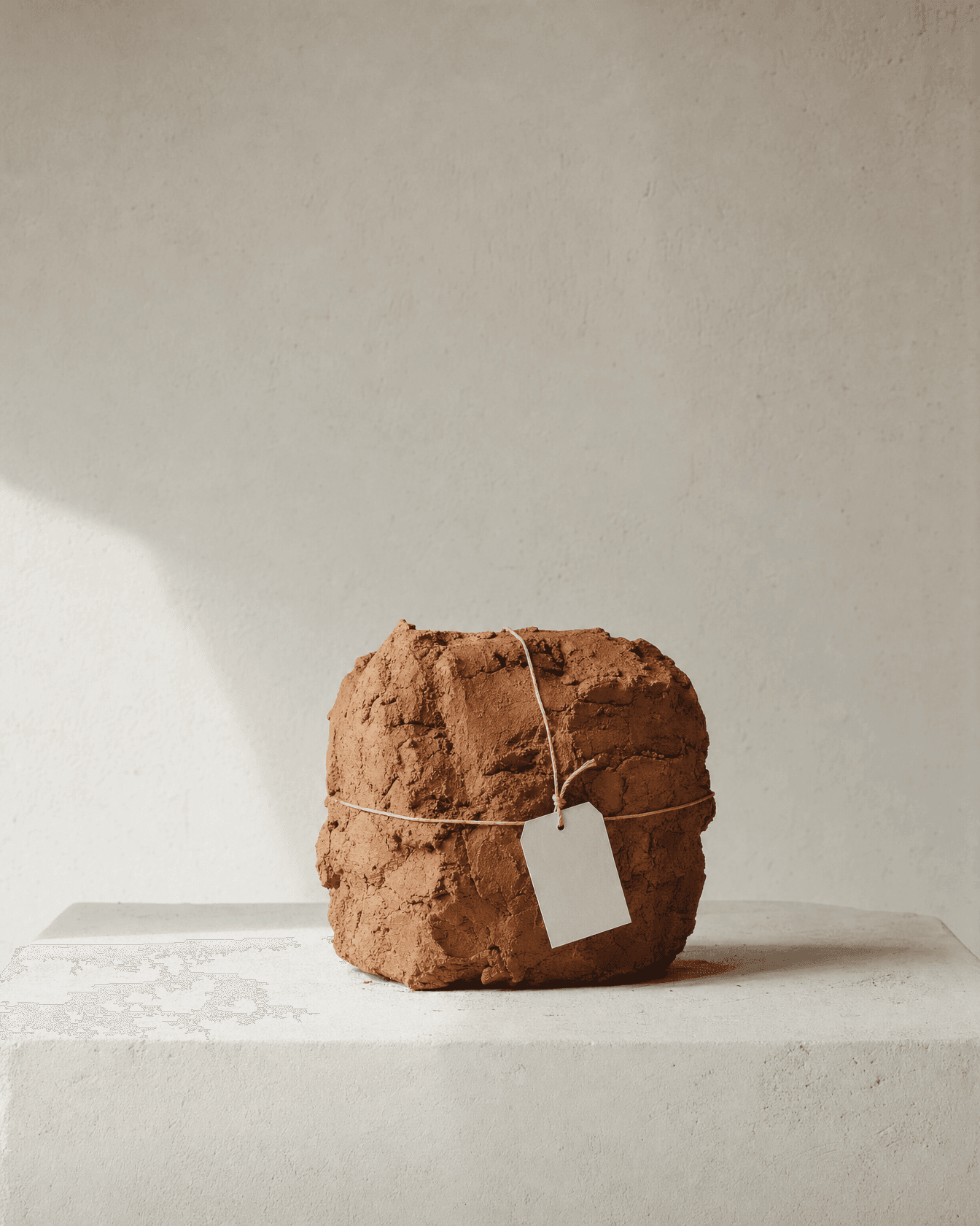 A raw lump of excavated clay with a paper site tag, on a plaster plinth